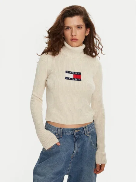 Tommy Jeans Bluză cu gât Flag Écru alb