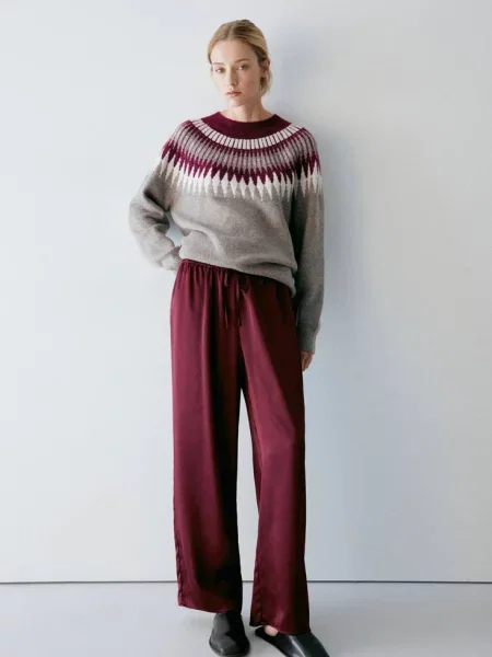 Sweter z dzianiny żakardowej z okrągłym dekoltem burgund Kobieta L MANGO