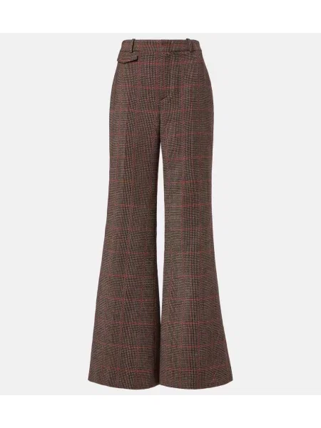 Pantaloni Chloé cu talie înaltă de lână în carouri maro