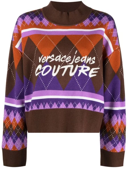Pulover Versace Jeans Couture cu broderie cu model argyle maro