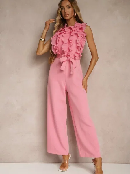 Kombinezon Koktajlowy z Żabotem Materiałowym i Szerokimi Nogawkami Venelsea różowy