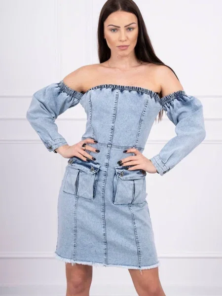 Rochie din denim Kesi cu umerii deschiși de costum stretch gri