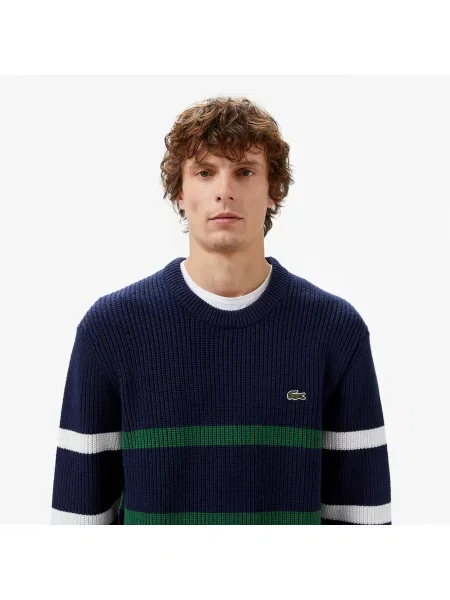 Lacoste Sweter W Paski W Kolorze Granatowym Luźny Krój Z Okrągłym Dekoltem granatowy
