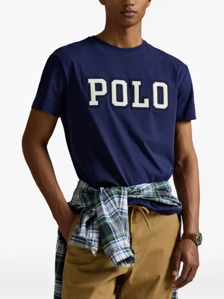 Haftowana koszulka polo Polo Ralph Lauren w paski ze sznurkiem niebieska