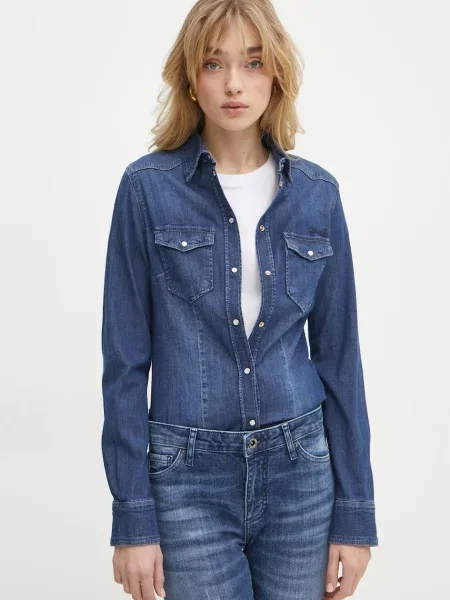 Traper košulja Liu Jo za žene tamno regular s klasičnim ovratnikom plava