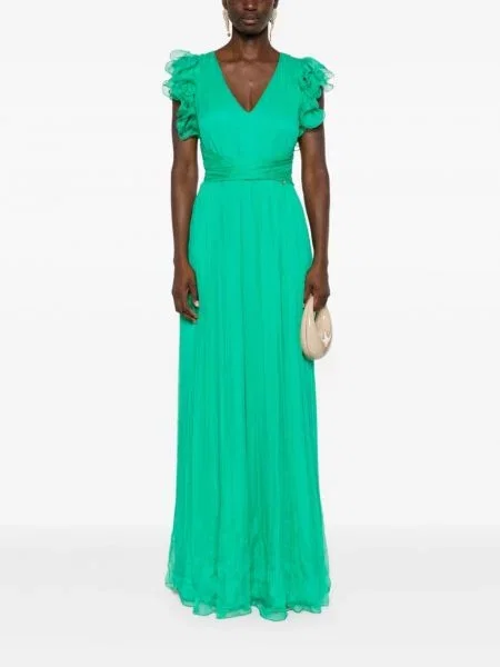 Rochie maxi Nissa de mătase cu volane de costum verde