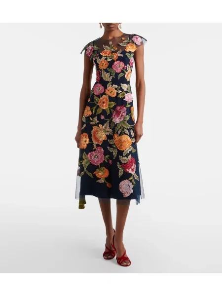 Kvetinové tylové midi šaty Carolina Herrera po kolená modrá