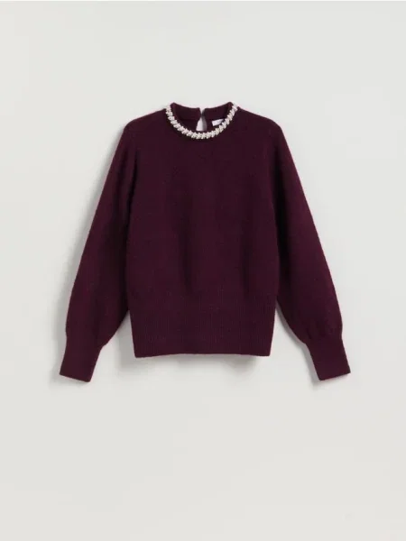 Reserved Pulover cu aplicații violet-închis violet