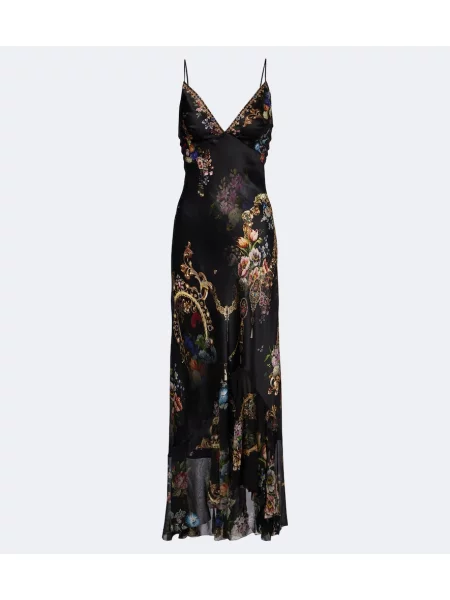 Rochie Camilla din satin cu model floral negru