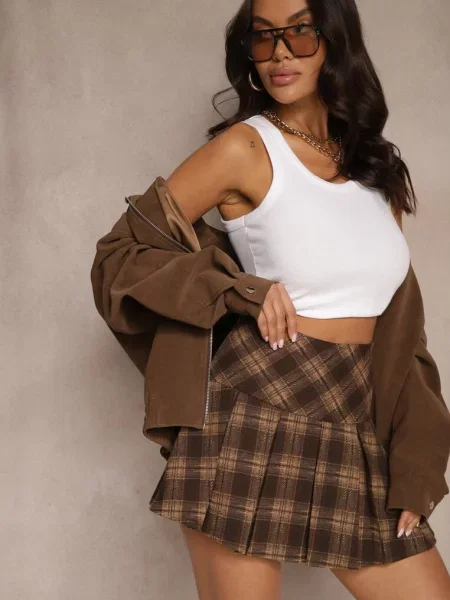 Beżowo-Brązowe Spódnico-Spodenki z Wiskozą o Rozkloszowanym Kroju w Kratkę Temirelis beżowe