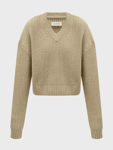Вовняний светр Calvin Klein Jeans з V-подібним вирізом чанкі бежевий