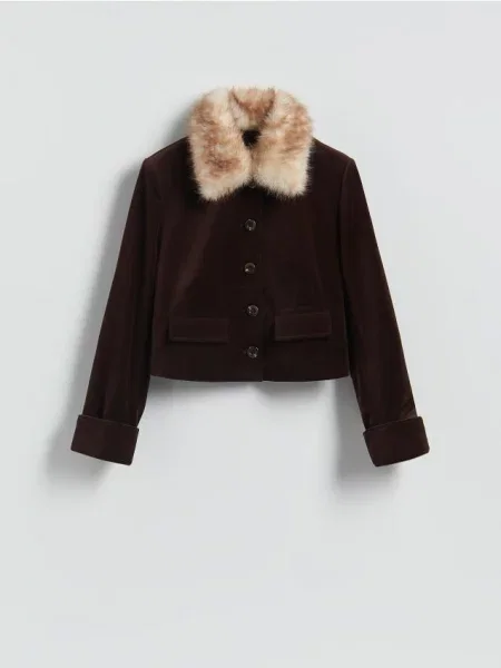 Reserved Marynarka z kołnierzem z imitacji futra ciemnobrązowy