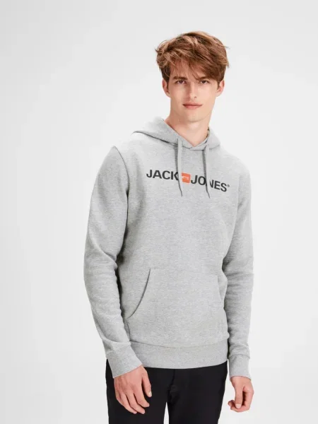 Sivá melírovaná mikina s potlačou a kapucňou Jack & Jones čierna