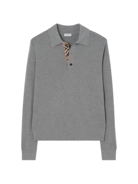 Lung tricou polo Burberry de lână gri