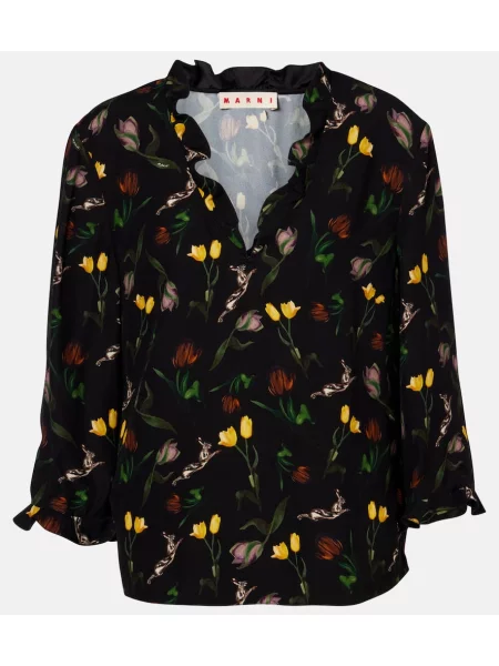 Top Marni cu model floral cu volane negru