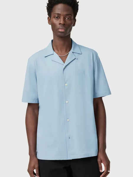 Риза AllSaints HUDSON мъжка със свободна кройка синьо