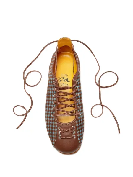 Карирани балеринки Lili Curia с връзки с дантела кафяво