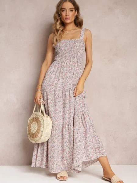 Rochie evazată deschis cu imprimeu floral cu bretele Malaezia bej