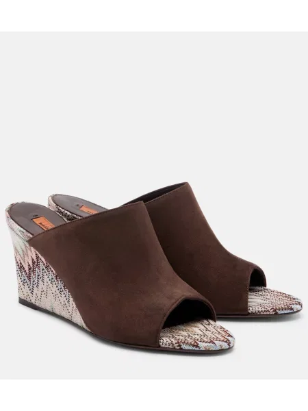 Papuci tip mules Missoni din piele de căprioară cu pană maro