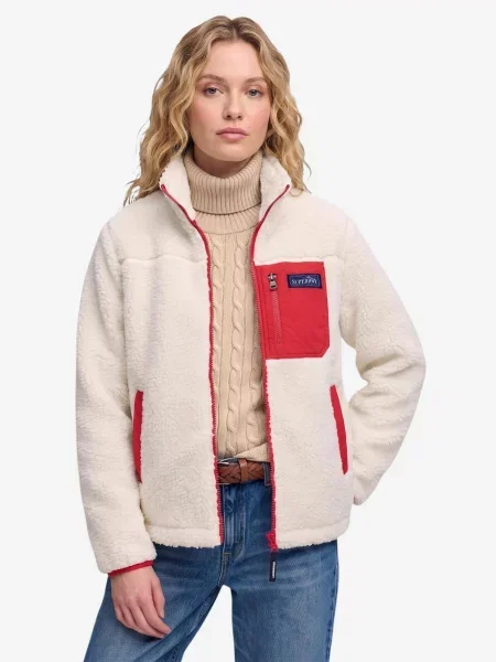 Superdry Flisová bunda Heritage krémová / jasne červená