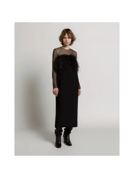 Satynowa długa sukienka maxi Alberta Ferretti w piórka czarna
