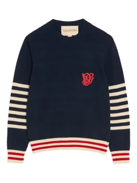 Pulover Valentino Garavani cu broderie cu dungi albastru