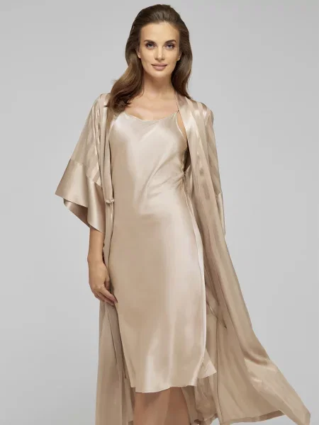 Шовковий смугастий халат Marc&andre бежевий