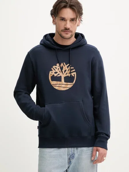 Суичър с качулка Timberland с качулка с принт тъмносиньо