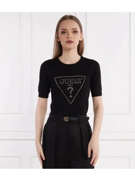 GUESS Pulover KAYLA LOGO RN SS SWTR negru