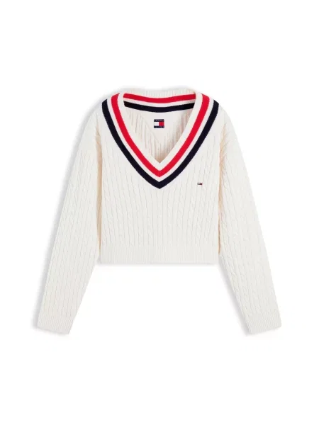 Tommy Jeans Pulover albastru marin / roșu / murdar alb