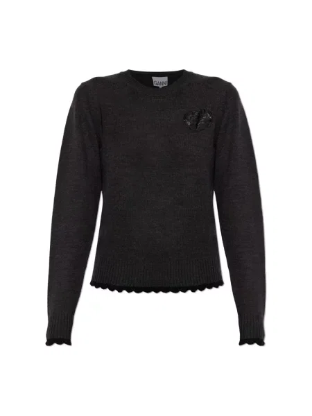 Haftowany sweter Ganni szary