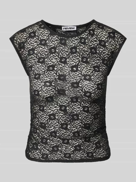 T-shirt z koronki z marszczeniem przy szwie bocznym Review czarna