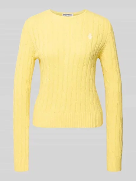 Sweter z dzianiny ze ściegiem warkoczowym i wyhaftowanym logo Review żółty