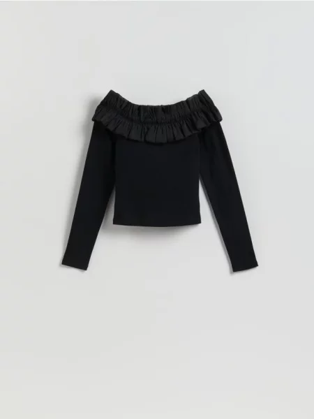 Reserved Tricou cu mânecă lungă și decolteu decorativ negru