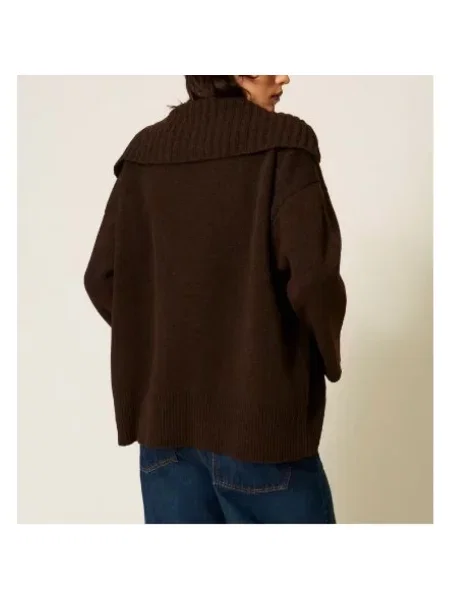 Sweter Twinset z dekoltem w serek brązowy