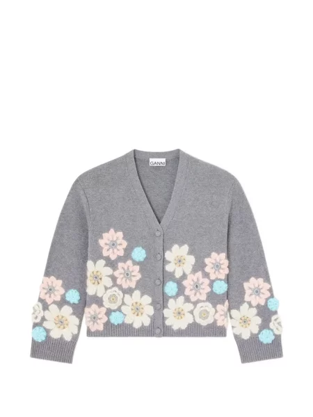Cardigan Ganni cu model floral tricotate cu aplicații gri