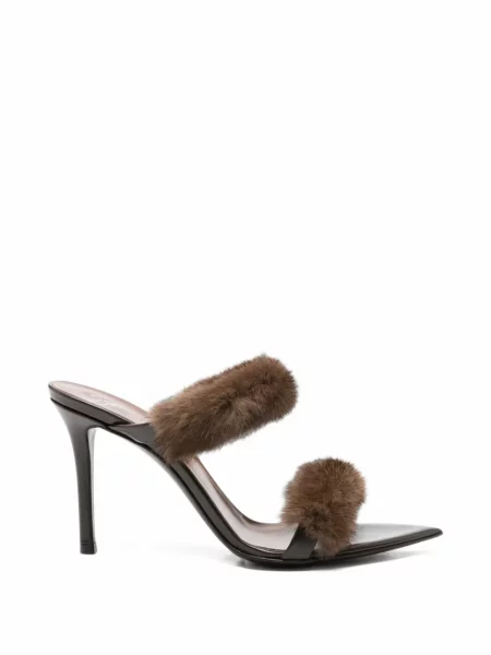 Papuci tip mules Giuseppe Zanotti cu bretele cu blană maro