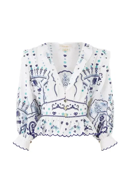 Bluză Camilla cu decolteu în V cu volane alb