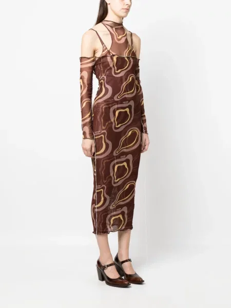 Rochie midi Julfer cu imagine cu imprimeu abstract până la genunchi maro