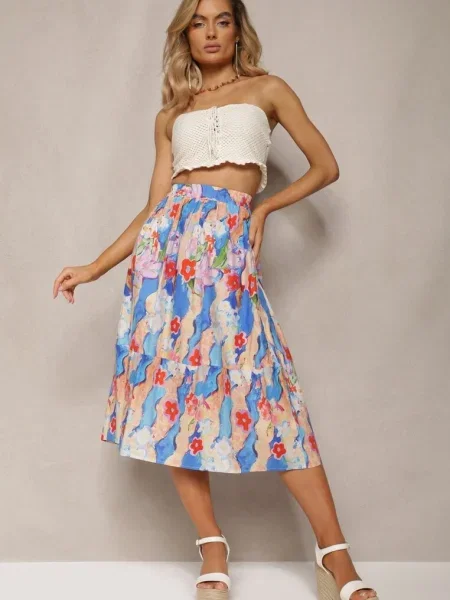 Fustă Albastru-Bej din cu Croi Clos și Imprimeu Abstract Trapez bej