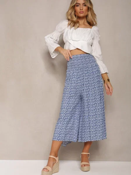 Spodnie Culottes z Szeroką Gumką w Pasie i Kwiatowym Printem Pellagia niebieskie