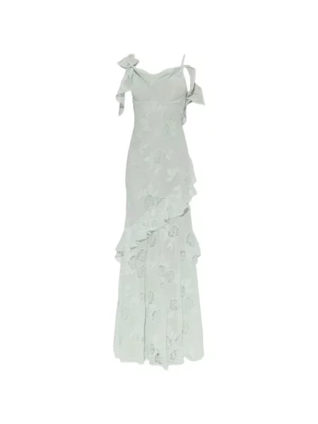 Rochie maxi Self-portrait cu model floral cu volane din dantelă verde