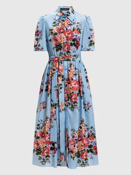 Сукня-сорочка міді в квітковий принт Dolce&gabbana блакитна