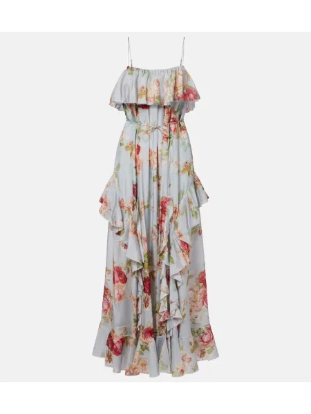 Rochie maxi Zimmermann de mătase cu model floral cu volane albastru