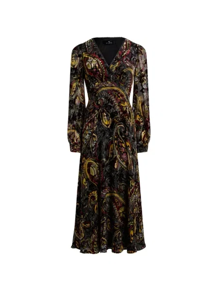 Rochie midi Etro de catifea cu model floral plic negru