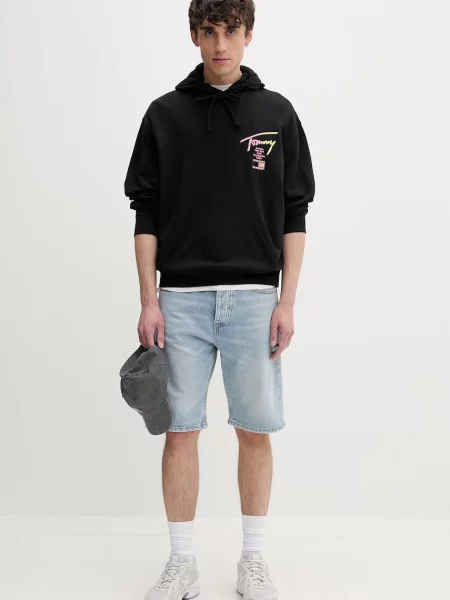 Tommy Jeans pulover s kapuco bombažen črna
