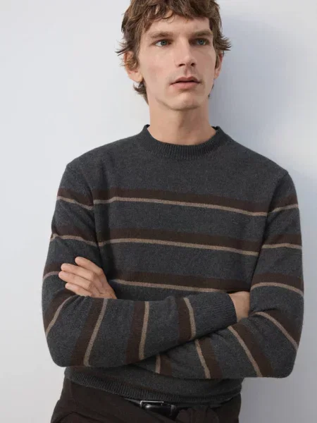 Sweter z dzianiny z mieszanki wełny i kaszmiru w paski ciemnoszary Mężczyzna XXL MANGO MAN