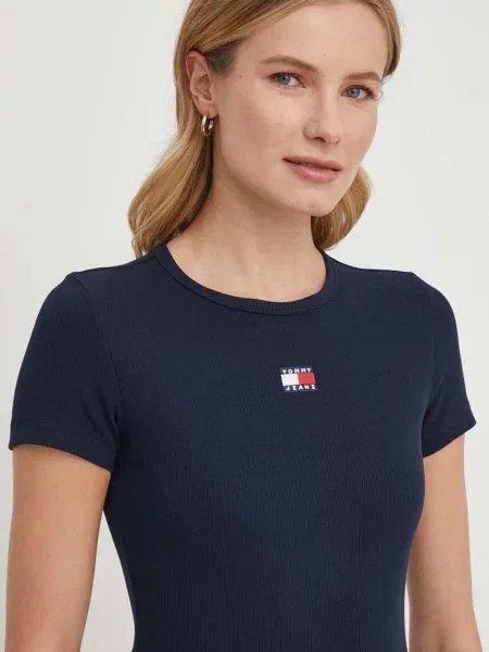 Tommy Jeans majica ženska od pamuka s elastanom plava