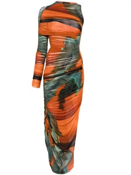 Rochie Mugler cu imagine plasă asimetrică portocaliu