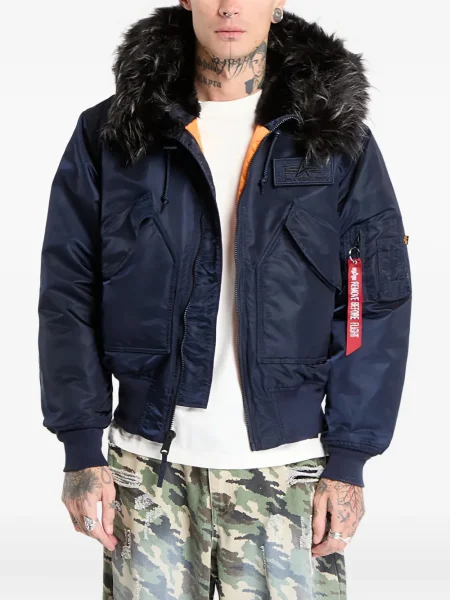 Geacă Alpha Industries cu glugă cu blană albastru